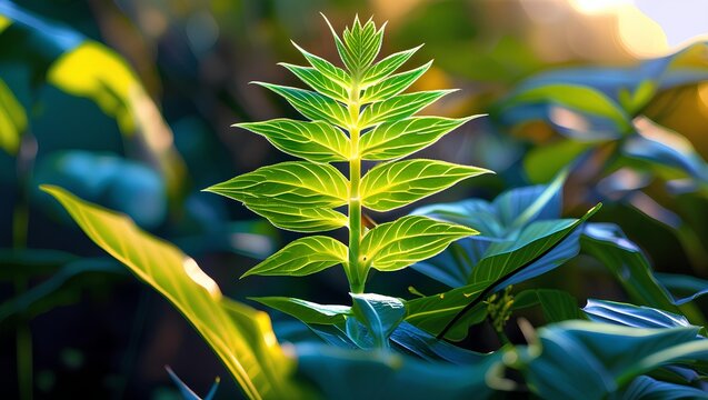 a vibrant, backlit plant leaf, showcasing its intricate veins and sharp, angular shape