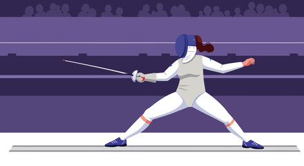 Focused Fencer in Action: Intense Match Crowd and Dynamic Pose.