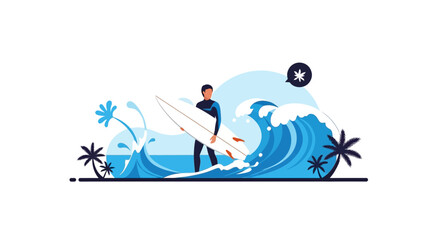 Surfer With Surfboard Illustration With Palm Trees And Blue Ocean Waves