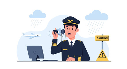 Surprised Airline Pilot Receiving a Weather Alert with Airplane in the Background