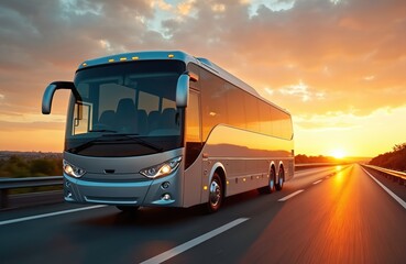 Modern coach bus travels on highway during sunset. Comfortable intercity vehicle offers public transport, touring. Sleek design suggests futuristic travel, passenger shuttle services on express