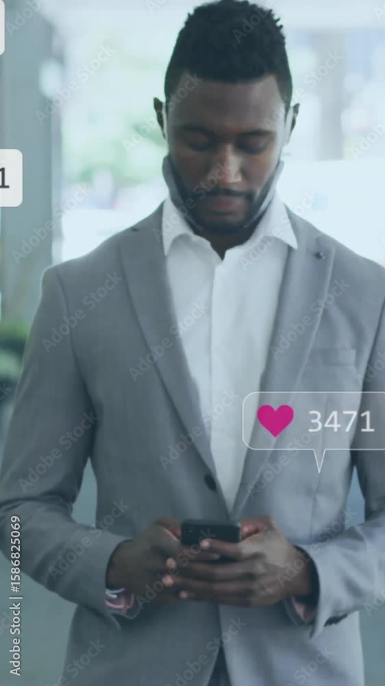 Poster animation of media icons over man using smartphone