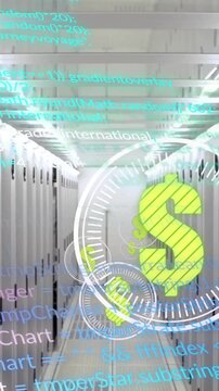 Animation of dollar sign, digital data processing over computer servers