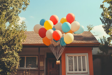 a person holding a bunch of balloons in front of a house