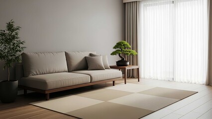 Serene Living Room with a Modern Sofa, Bonsai Tree, and Natural Light creating a Tranquil and Inviting Atmosphere