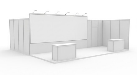 Blank trade show booth with large display panel and counters.