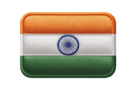 An embroidered India flag patch presents the vibrant national colors and symbol on a transparent background for creative design projects.