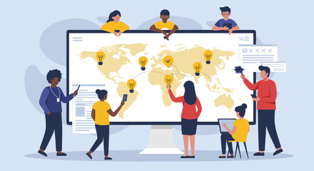 They are actively interacting with different parts of the world map, possibly marking key locations or sharing ideas. The image emphasizes collaboration, teamwork, and global connectivity.