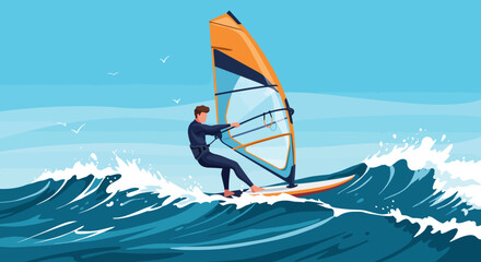 Windsurfer Riding Waves: Vector Illustration of Summer Watersport Activity.