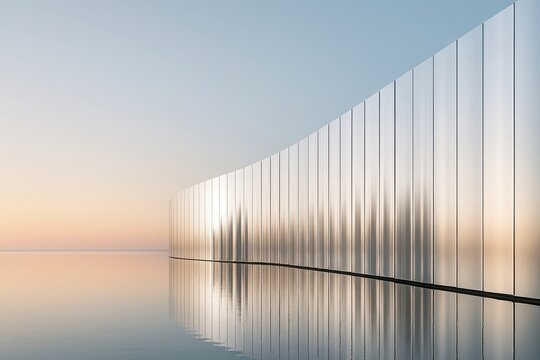 Curved modern building facade with reflective metallic panels and calm water reflecting the sunset sky