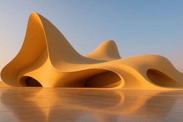 Striking modern architectural design with flowing organic curves and smooth sandy colored surfaces reflecting golden light