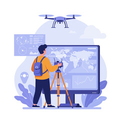 A man with a backpack is standing in a scenic outdoor area with a tripod and camera. He is capturing the view of a map displayed on a screen while a drone hovers above,