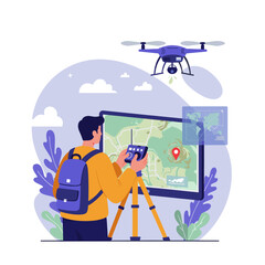 A man with a backpack is standing in a scenic outdoor area with a tripod and camera. He is capturing the view of a map displayed on a screen while a drone hovers above,