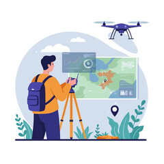 A man with a backpack is standing in a scenic outdoor area with a tripod and camera. He is capturing the view of a map displayed on a screen while a drone hovers above,