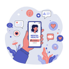 A hand is holding a smartphone displaying a digital profile, surrounded by icons representing various functions such as messaging, health, and personal information.