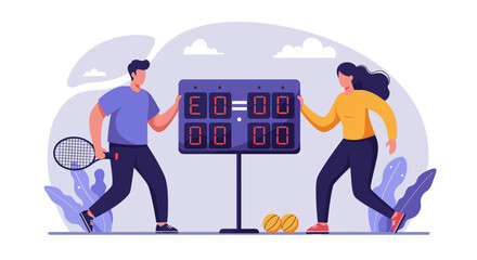 A man and a woman are standing near a tennis scoreboard with the score set to 0-0. The woman is holding a tennis racket while the man appears to be adjusting the scoreboard. 