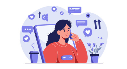 This image represents digital interaction, emotional connections, and social media influence on personal life. 