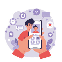 A hand is holding a smartphone displaying a digital profile, surrounded by icons representing various functions such as messaging, health, and personal information.
