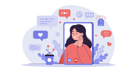A person is seated with a thoughtful expression, surrounded by various digital icons such as hearts, music, and messages.