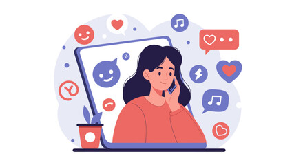 A person is seated with a thoughtful expression, surrounded by various digital icons such as hearts, music, and messages.
