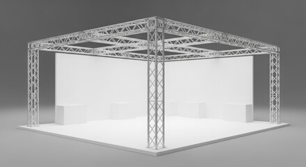 Modern exhibition booth design, showcasing a minimalist, aluminum truss structure with blank panels.