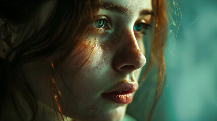 Young woman with striking green eyes and tousled hair in intimate closeup portrait showcasing natural beauty and feminine vulnerability under soft lighting. Beautiful teenager girl