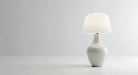 A simple, minimalist white table lamp with a soft glow, standing on a clean white surface against a white background.
