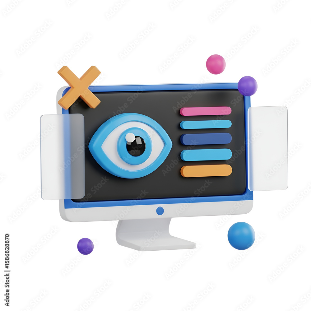 Aufkleber 3d icon of computer monitor displaying an eye and data charts isolated on transparent background