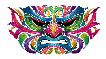 A vibrant, stylized face mask design, bursting with colorful swirls and intricate details, rendered on white background