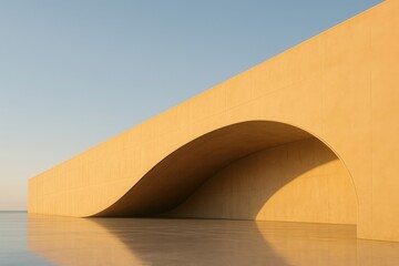 Minimalist architectural design featuring a smooth curved archway in a warm yellow concrete building against a clear blue sky