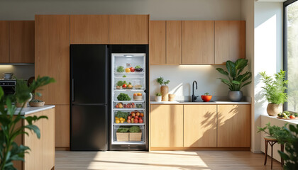 Modern kitchen with full fridge stocked with fresh ingredients. Warm wood cabinets, plants, sunlight create inviting space. Contemporary design, organized pantry, healthy eating lifestyle.