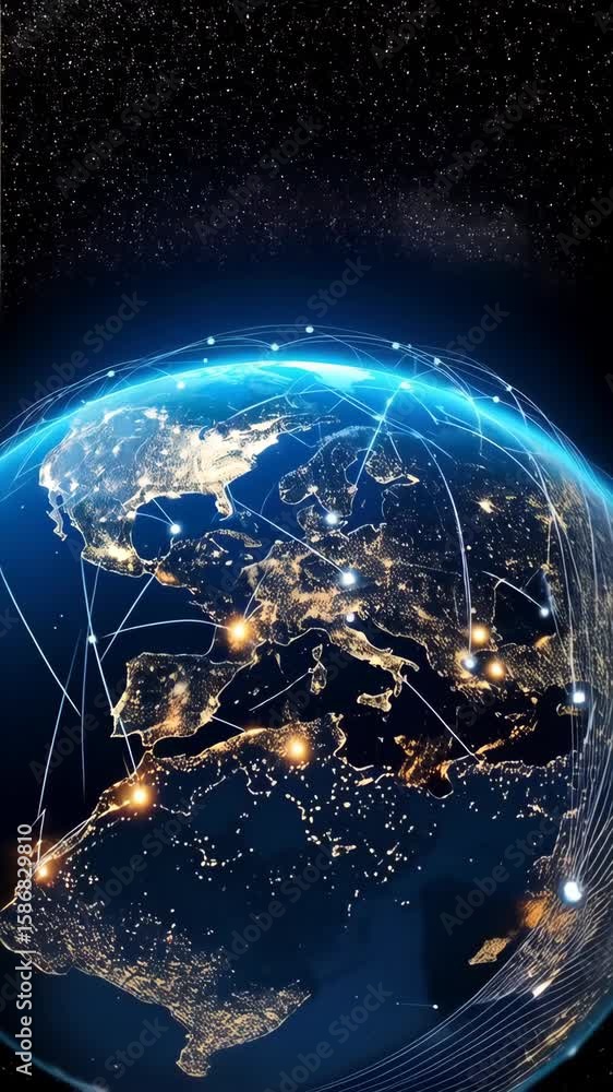 Poster Visualization of Earth with network of glowing lines representing global connections and data streams across the continents at nighttime.