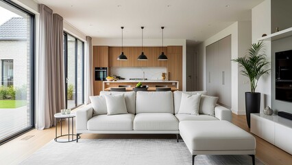Fototapeta premium Modern open-plan living room and kitchen with large windows, comfortable sectional sofa, and stylish pendant lighting, creating a bright and inviting space.