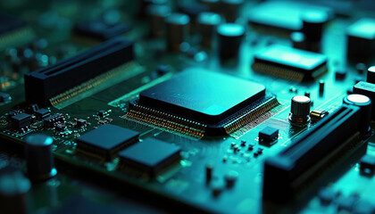 Close-up of advanced computer motherboard circuitry with central processor chip. Electronic components on green printed circuit board. Technology concept for computer hardware, microchips, electrical