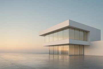 Modern minimalist white building with large glass windows reflecting warm sunset light on a concrete patio