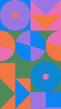 Vertical animated Geometric loop pattern. 4K resolution geometric motion design in green pink, yellow, orange and blue colors. Abstract moving geometric shapes loop background.