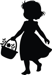 Little Girl Holding Flower Basket Silhouette &ndash; Cute Child Vector Illustration