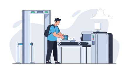 Traveler Preparing Baggage At Airport Security Conveyor Belt Illustration