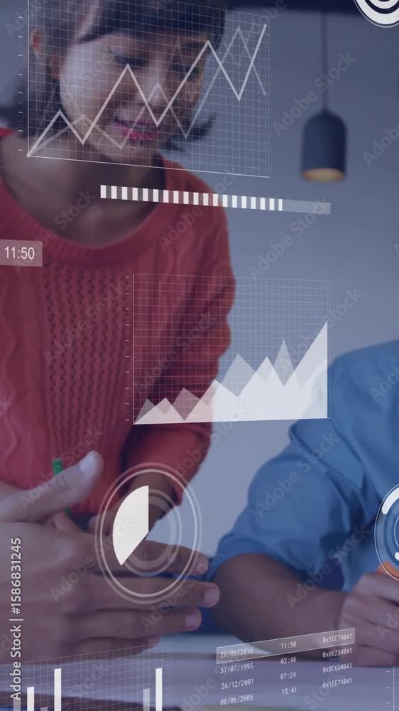 Poster analyzing data charts and graphs animation over diverse business team collaborating