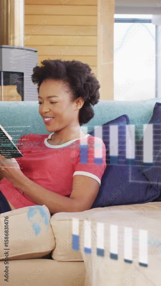 Poster reading book on couch, woman with data processing animation over