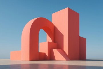Abstract coral architectural shapes with arch and stairs against a clear blue sky with soft shadows