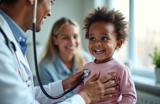 Happy African American child receives medical checkup with stethoscope. Smiling doctor and mother observe. This scene captures positive healthcare experience for young patient in bright clinic.