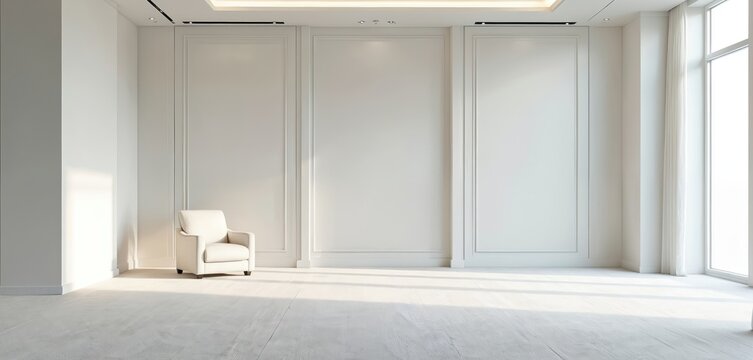 Spacious white hotel ballroom interior features modern wall panels, elegant carpet. Natural light streams through large windows creating bright ambiance. Minimalist decor with single armchair - Powered by Adobe