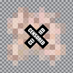 CENSORED pixel mosaic. Blurred content overlay. Black cross warning. Vector privacy filter.