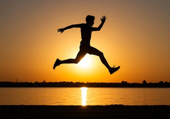 Silhouette of a Person Jumping at Sunset by the Water. Generative Ai