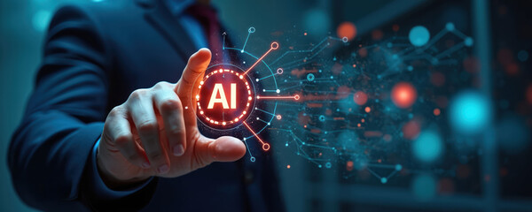 Business man interacts with AI interface, virtual medical revolution driven by advanced technology. Machine learning, deep learning transform medical research, fostering innovation for future