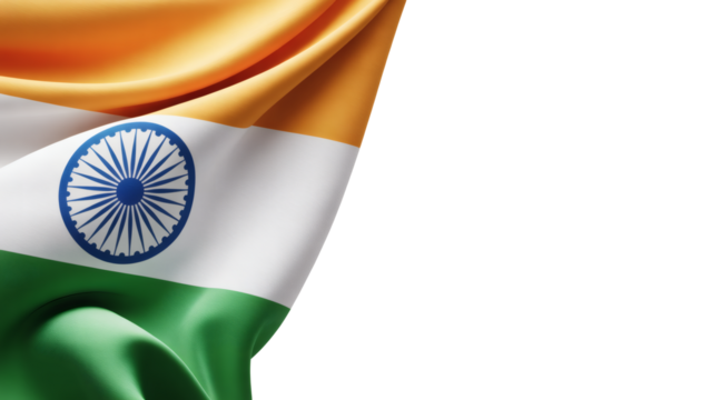 The national flag of India with flowing fabric on a transparent background, ideal for representing patriotism and cultural themes.