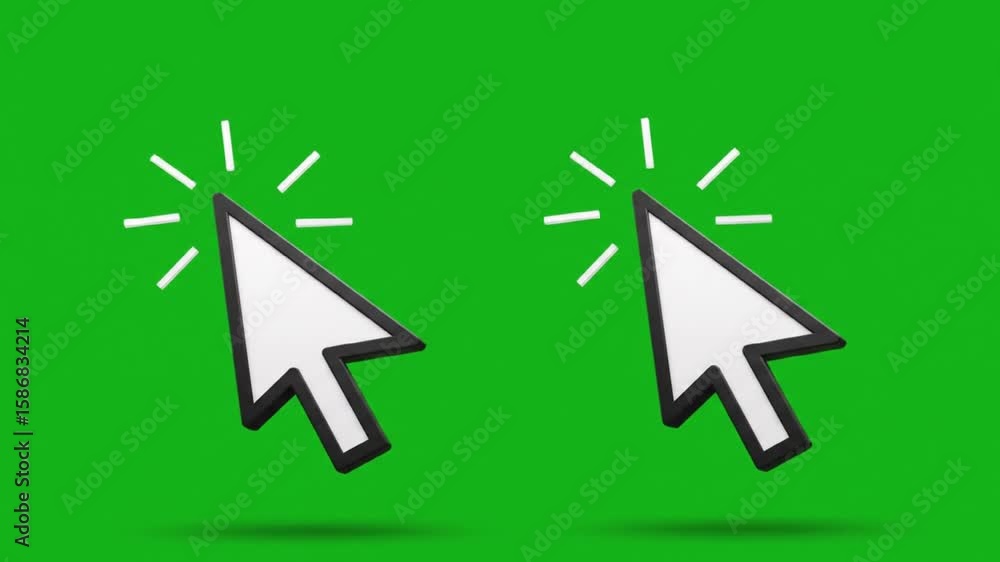 Poster two white and black mouse pointers with radiating lines on a solid green colored background