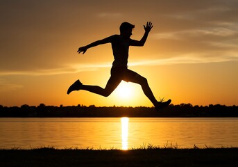 Silhouette of a Person Jumping at Sunset by the Water. Generative Ai