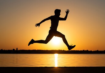 Silhouette of a Person Jumping at Sunset by the Water. Generative Ai